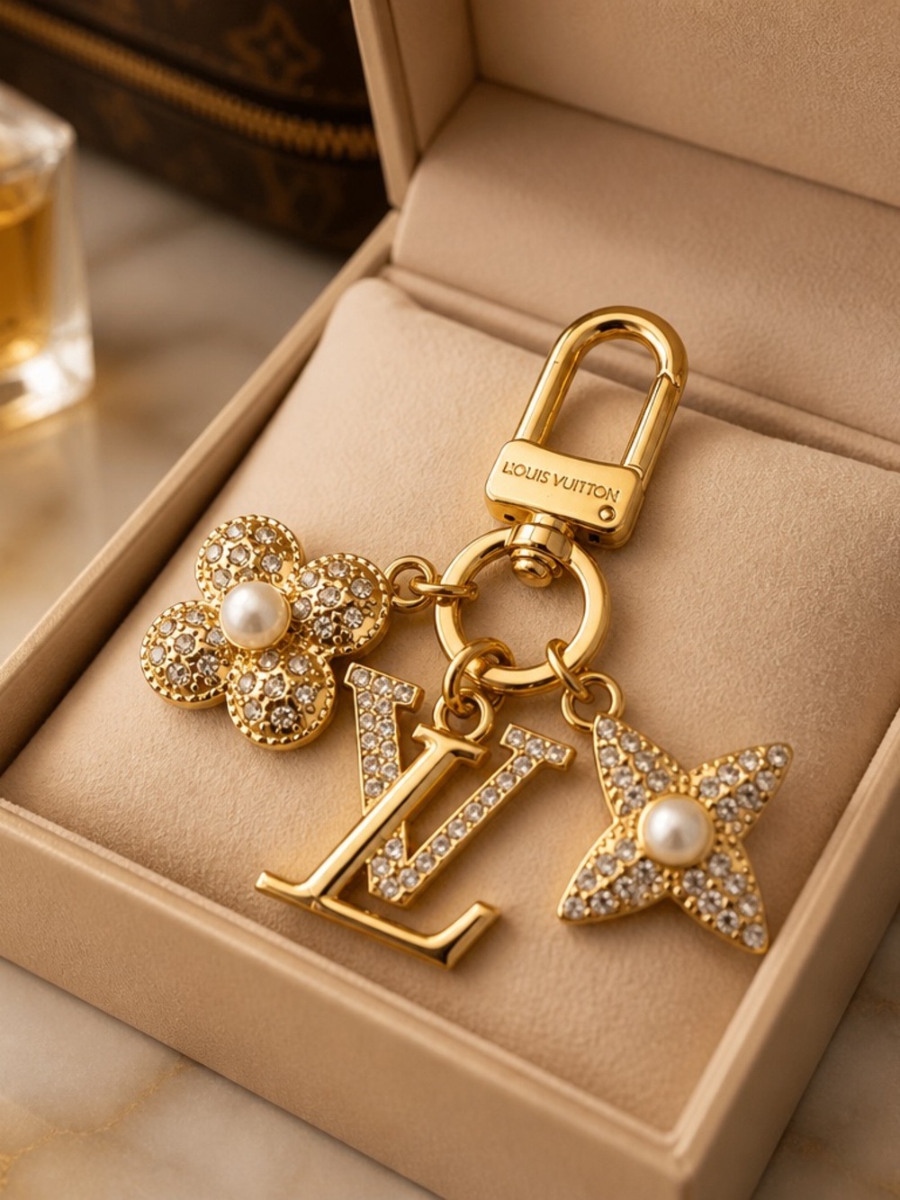 Louis Vuitton Gold-Tone Crystal LV & Flower Charm Key Holder